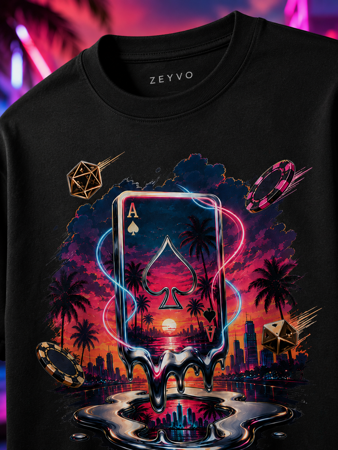 A black crewneck t-shirt featuring a vibrant, colorful graphic print of an Ace of Spades playing card over a sunset city skyline with palm trees, with neon glowing lines and floating geometric shapes.