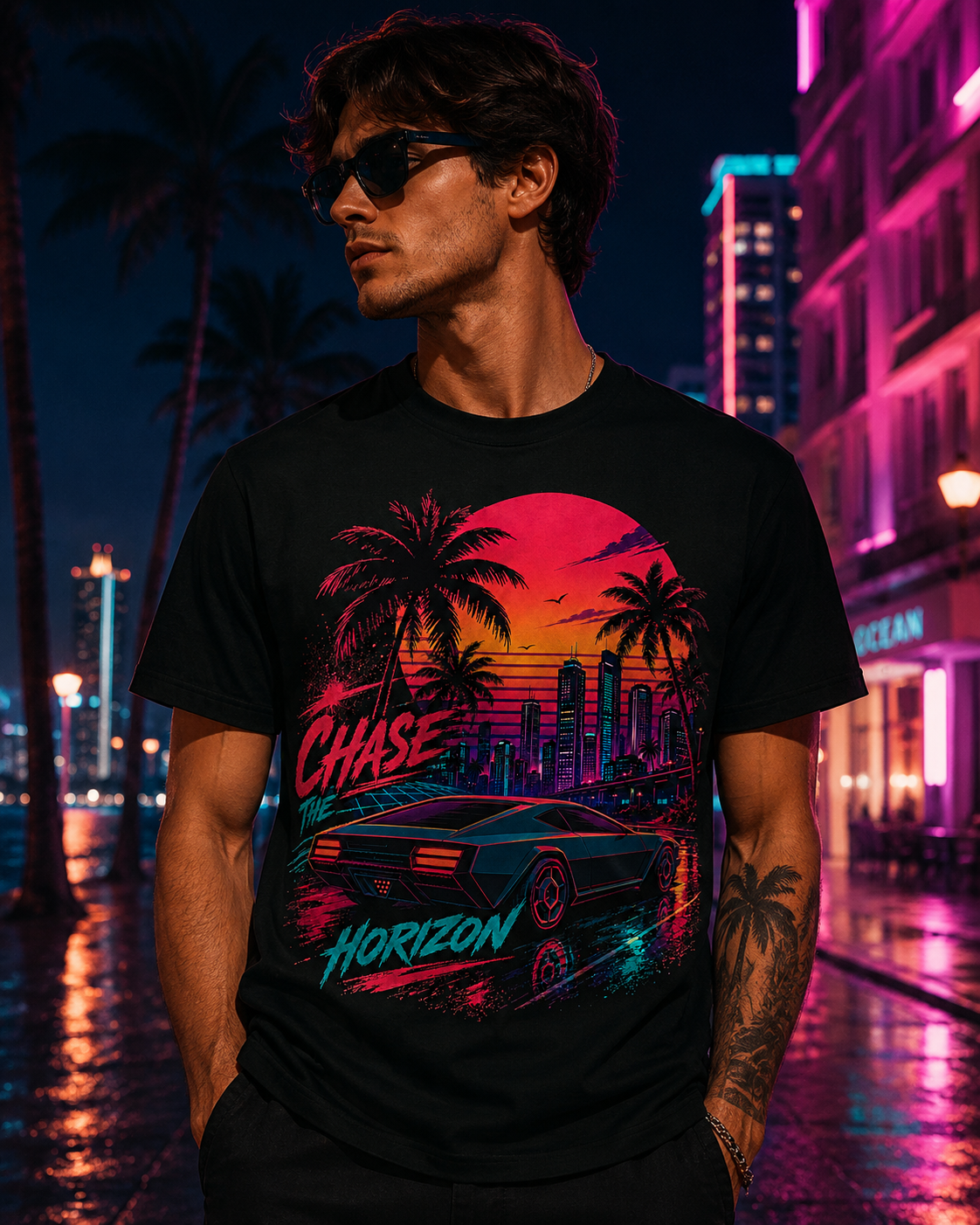 A man wearing a black graphic t-shirt with a retro-futuristic cyberpunk design featuring a car, palm trees, and a sunset, set against a blurred night city street background.