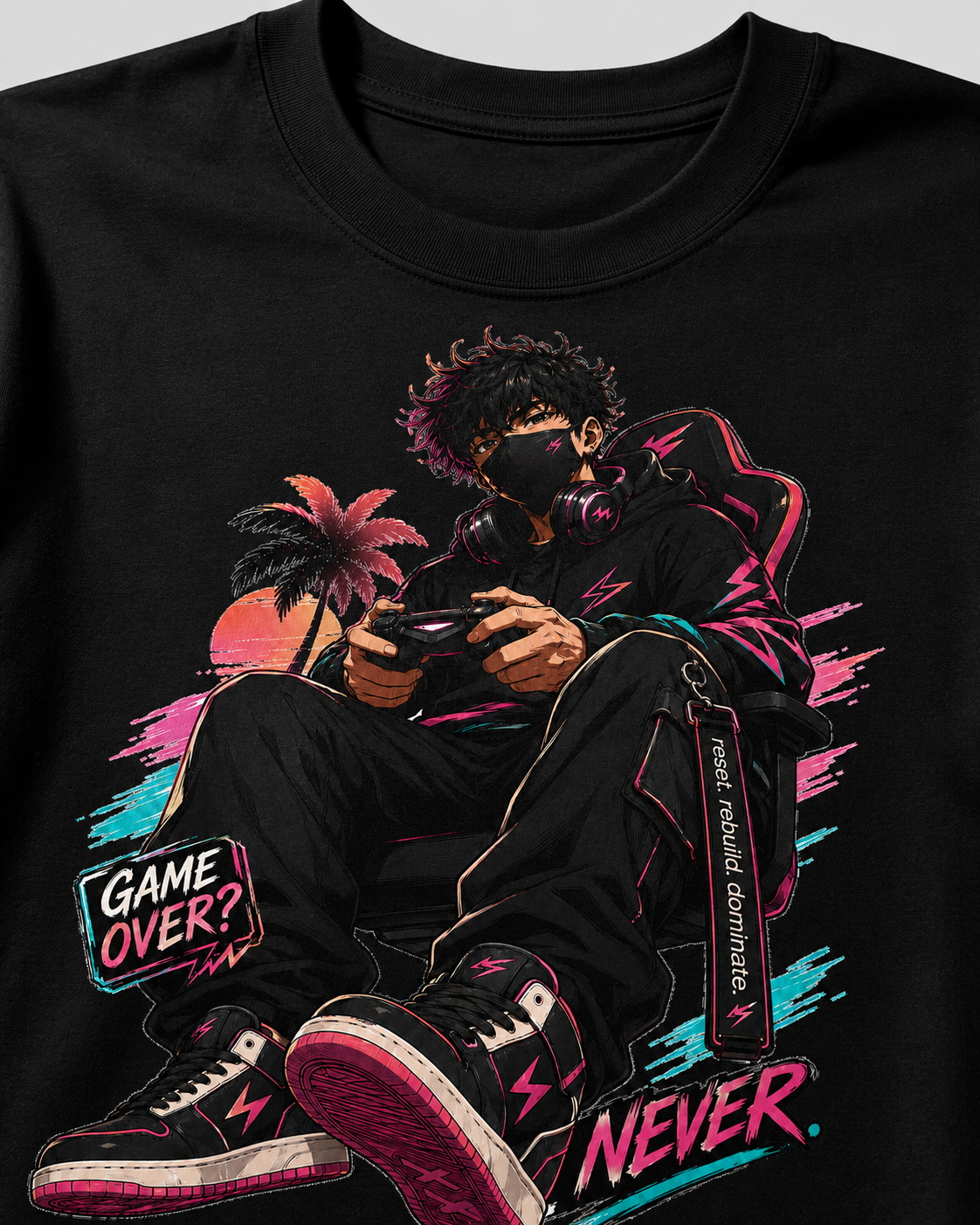 Black crewneck t-shirt featuring a vibrant graphic print of a gamer sitting in a chair with a controller, styled with pink, teal, and orange accents and text reading 'GAME OVER?' and 'NEVER'.