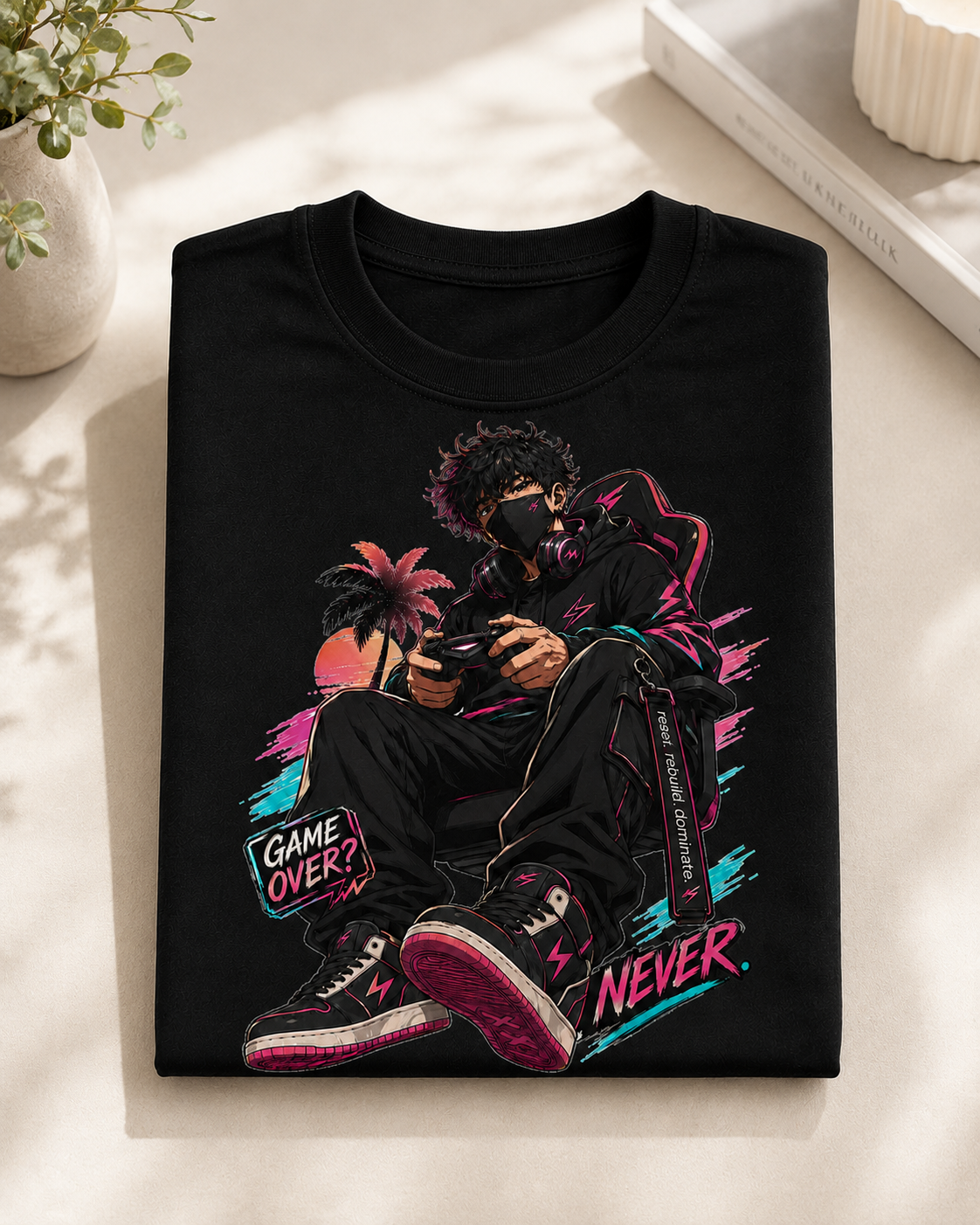 A folded black graphic T-shirt is displayed on a light beige surface with soft shadows. The shirt features a colorful illustration of a gaming character sitting in a chair holding a controller, with the text 'GAME OVER?' and 'NEVER' in pink and teal.