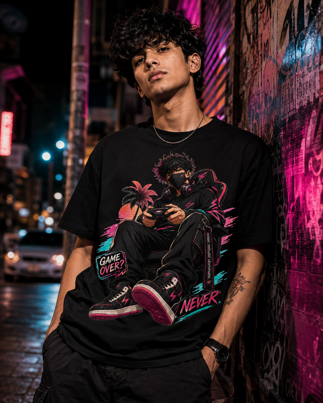 A man wearing a black graphic t-shirt with a vibrant gaming-themed print, leaning against a graffiti-covered wall at night.