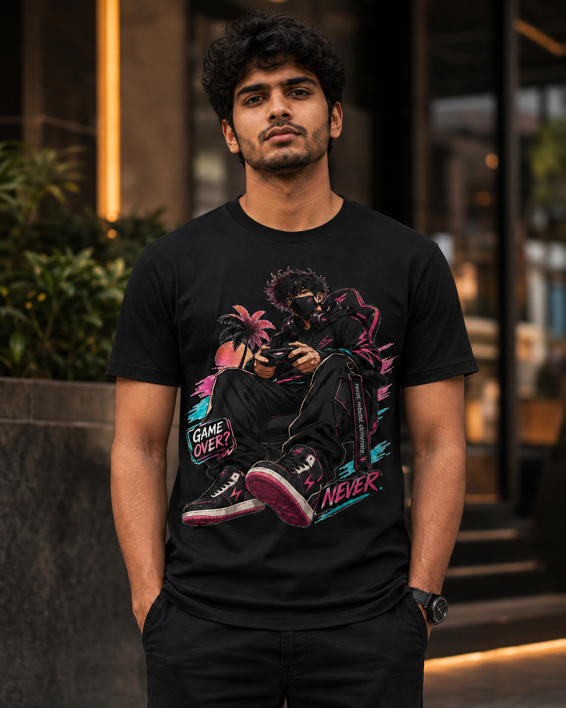 A man wearing a black graphic t-shirt with a stylized illustration of a character sitting on a couch and sneakers, featuring the text 'GAME OVER' and 'NEVER'.
