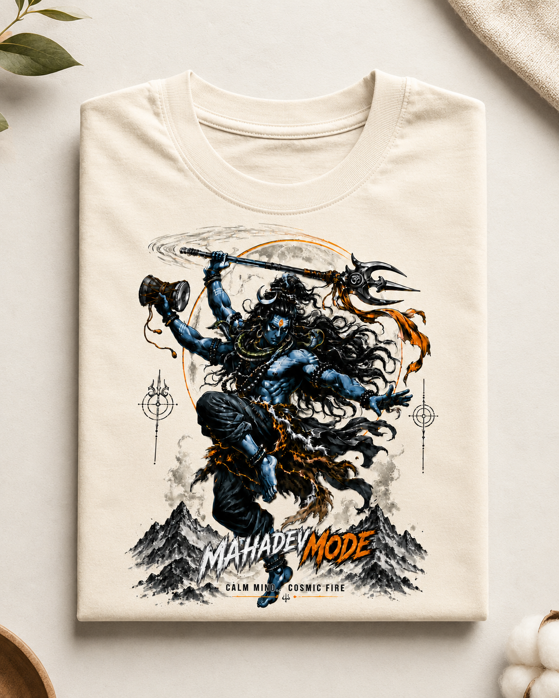 A folded cream-colored t-shirt with a detailed graphic print of Lord Shiva in blue and black, with orange accents, displayed on a light beige background with subtle decorative props.