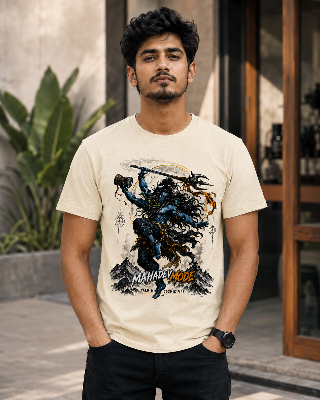A man wearing a cream-colored graphic t-shirt featuring a detailed illustration of Lord Shiva with the text 'MAHAVEN MOVE' and 'SHIVA SHREE'.