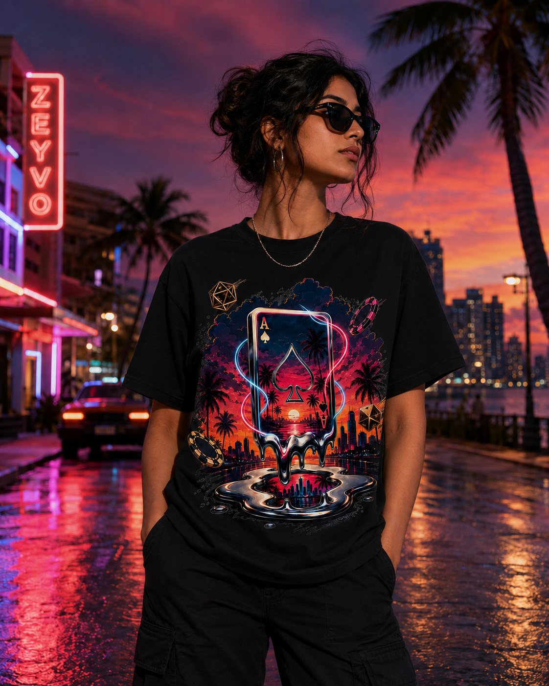 A woman wearing a black graphic t-shirt with a vibrant neon playing card design, standing on a wet city street at sunset with palm trees and neon lights in the background.
