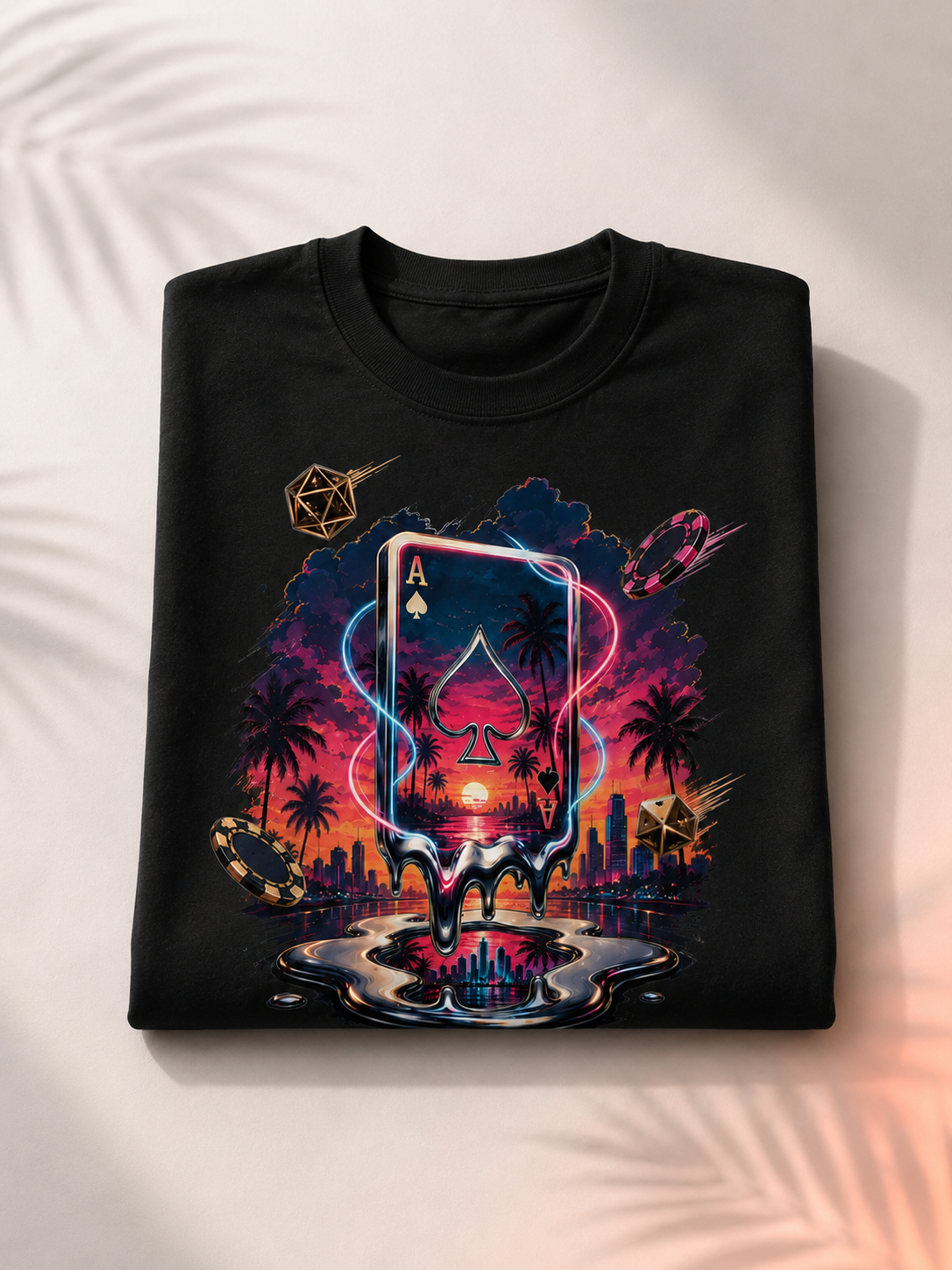 A folded black t-shirt with a vibrant, colorful graphic print featuring an Ace of Spades playing card, a neon sunset, palm trees, and a city skyline, displayed on a light beige background with soft palm leaf shadows.