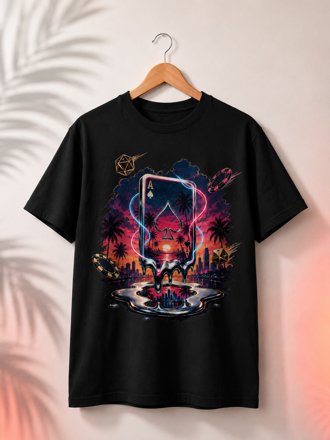 A black short-sleeve t-shirt hanging on a wooden hanger against a light beige wall with soft palm leaf shadows. The shirt features a large, vibrant graphic print on the front depicting a neon-lit playing card, a futuristic city skyline, and a reflective pool of water.