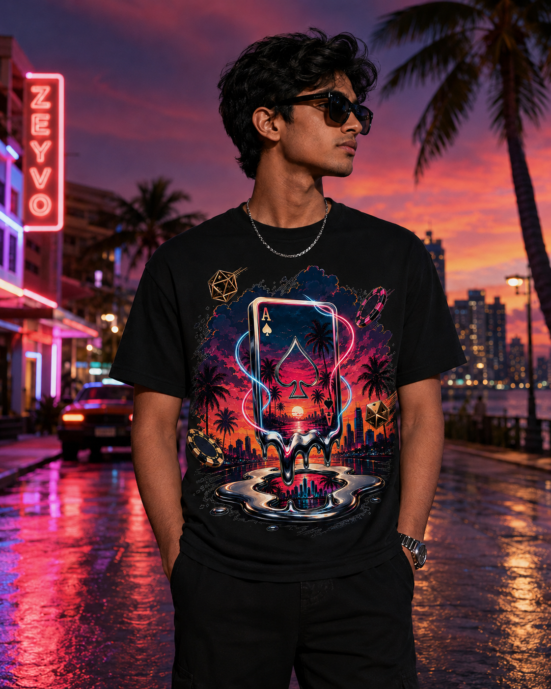 A man wearing a black graphic t-shirt with a vibrant playing card and cityscape print, standing on a wet street at sunset with neon lights and palm trees in the background.